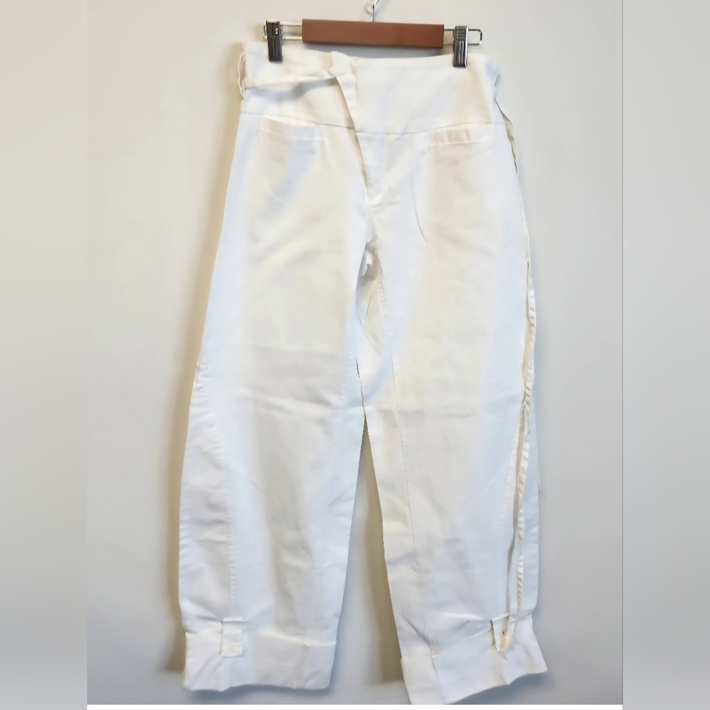 NWT Pois Italy White Wrap Waist Detailed Cropped Button Ankl Pants Cotton Blend